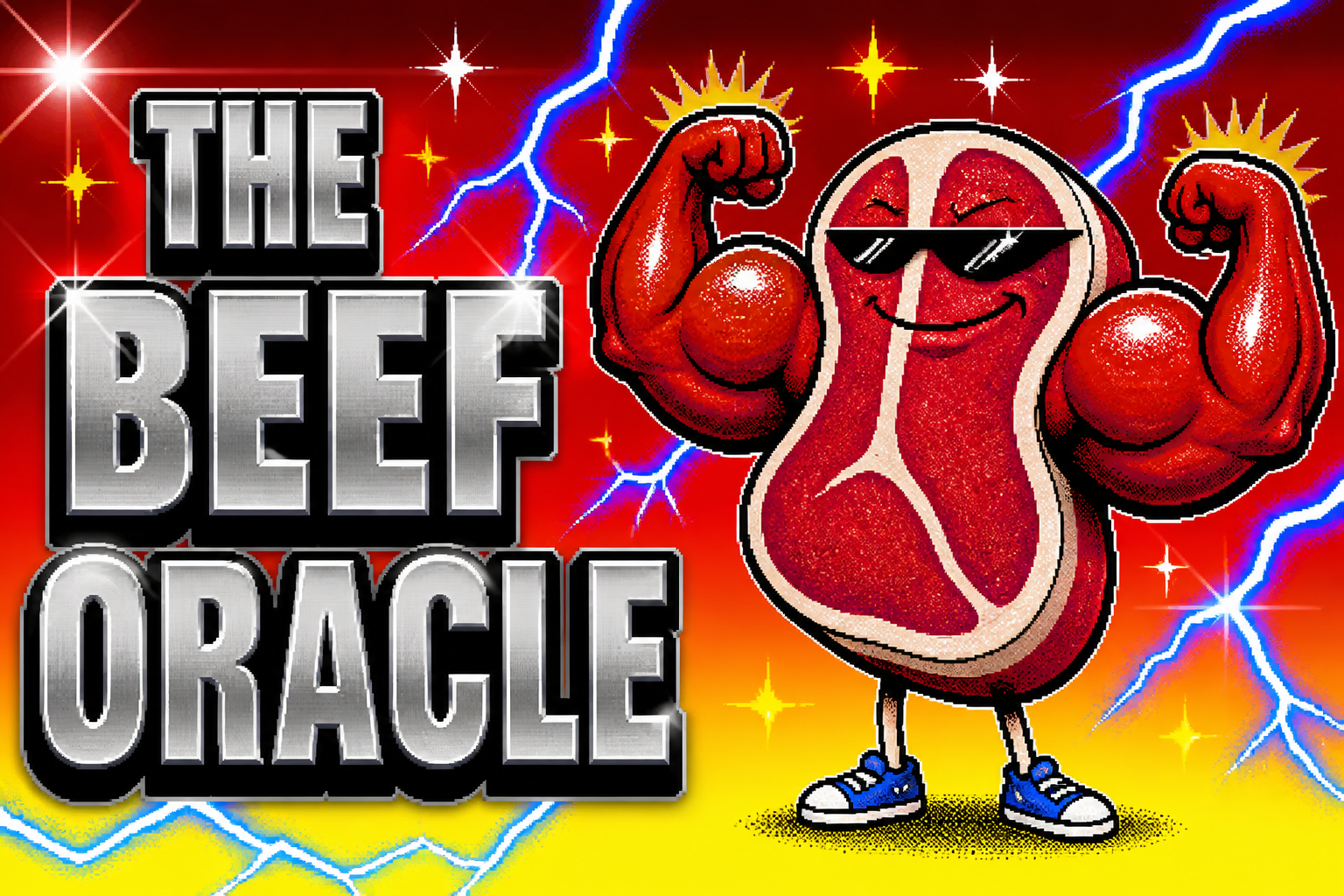 A ridiculous cartoon steak with giant biceps, tiny legs, sunglasses, and lightning